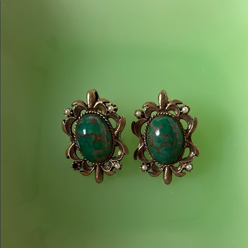 Vintage Style Green Earrings- clip on
